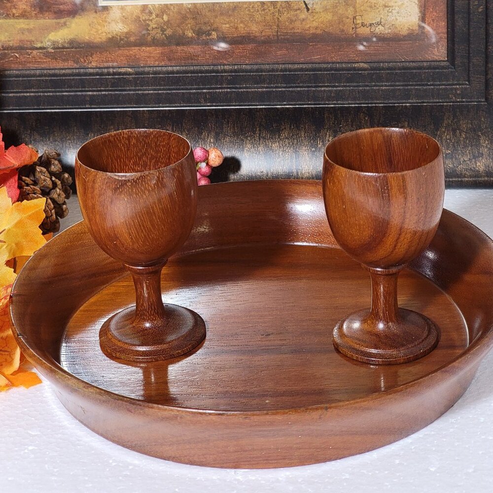 Vintage Carved Wood Tray and Wood Goblets